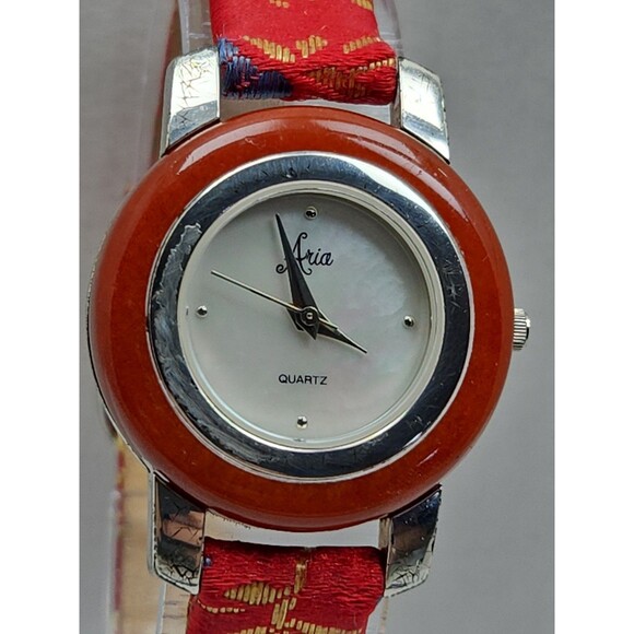 Aria Womens 925 Sterling Silver Quartz Watch Stone Bezel Red Brocade New Battery main image 14